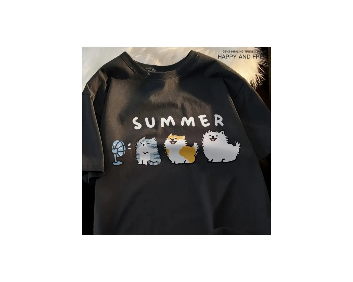 Siyah Eğlenceli ve Sevimli Kedi ve Köpek Desen Gevşek Tshirt Vintage Üst FemaleT-Shir