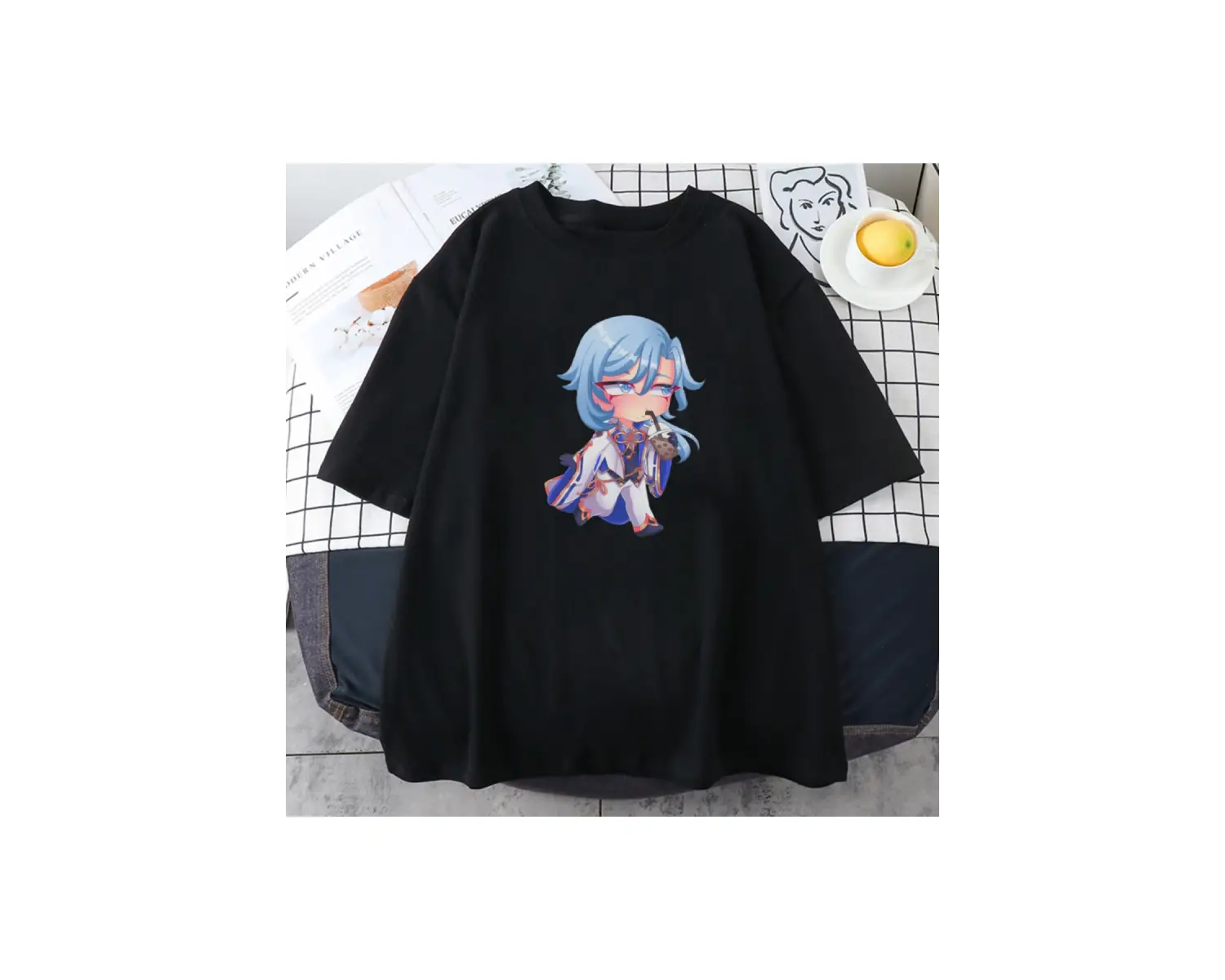 Siyah Genshin Etki Kamisato Ayato ve Ayakas Anime Baskı Tees ilkbahar Ya