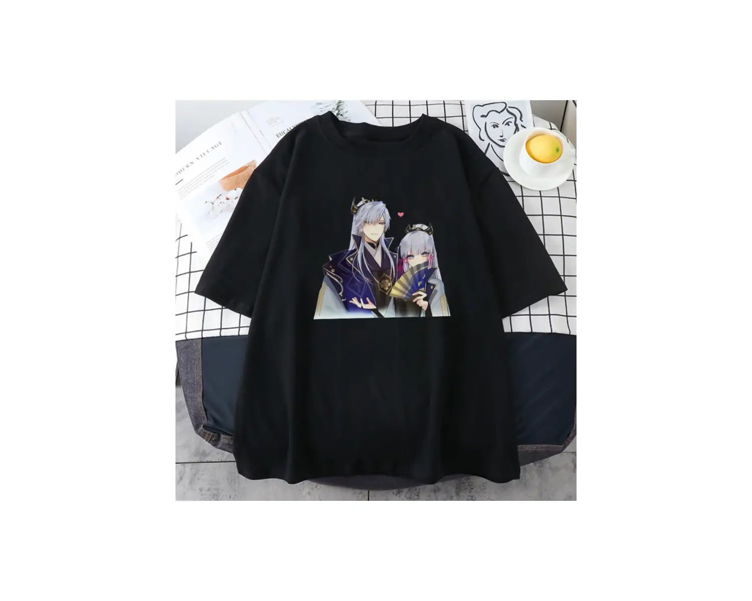 Siyah Genshin Etki Kamisato Ayato ve Ayakas Anime Baskı Tees ilkbahar Ya