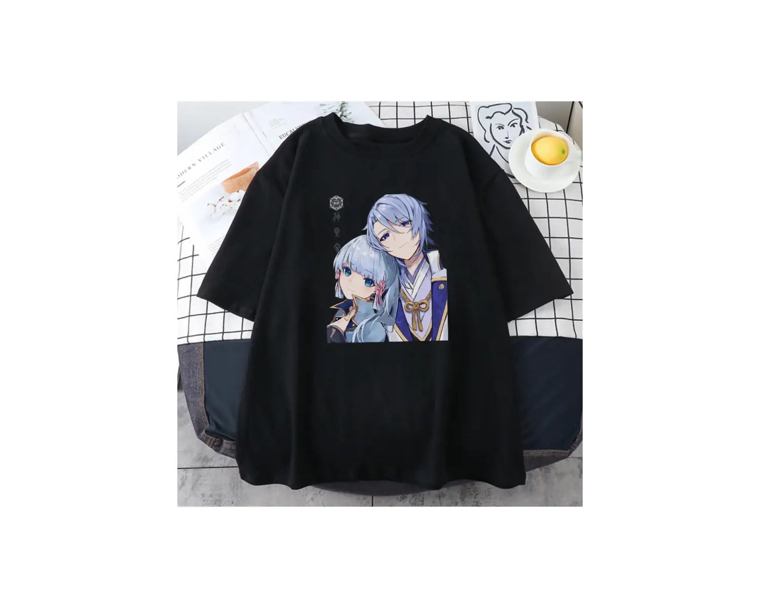 Siyah Genshin Etki Kamisato Ayato ve Ayakas Anime Baskı Tees ilkbahar Ya