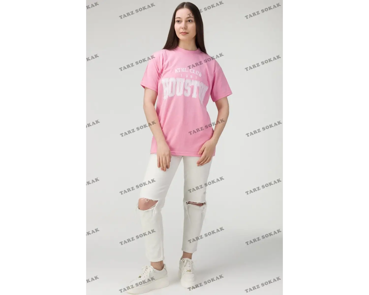 Siyah Houston Baskılı Oversize Kadın