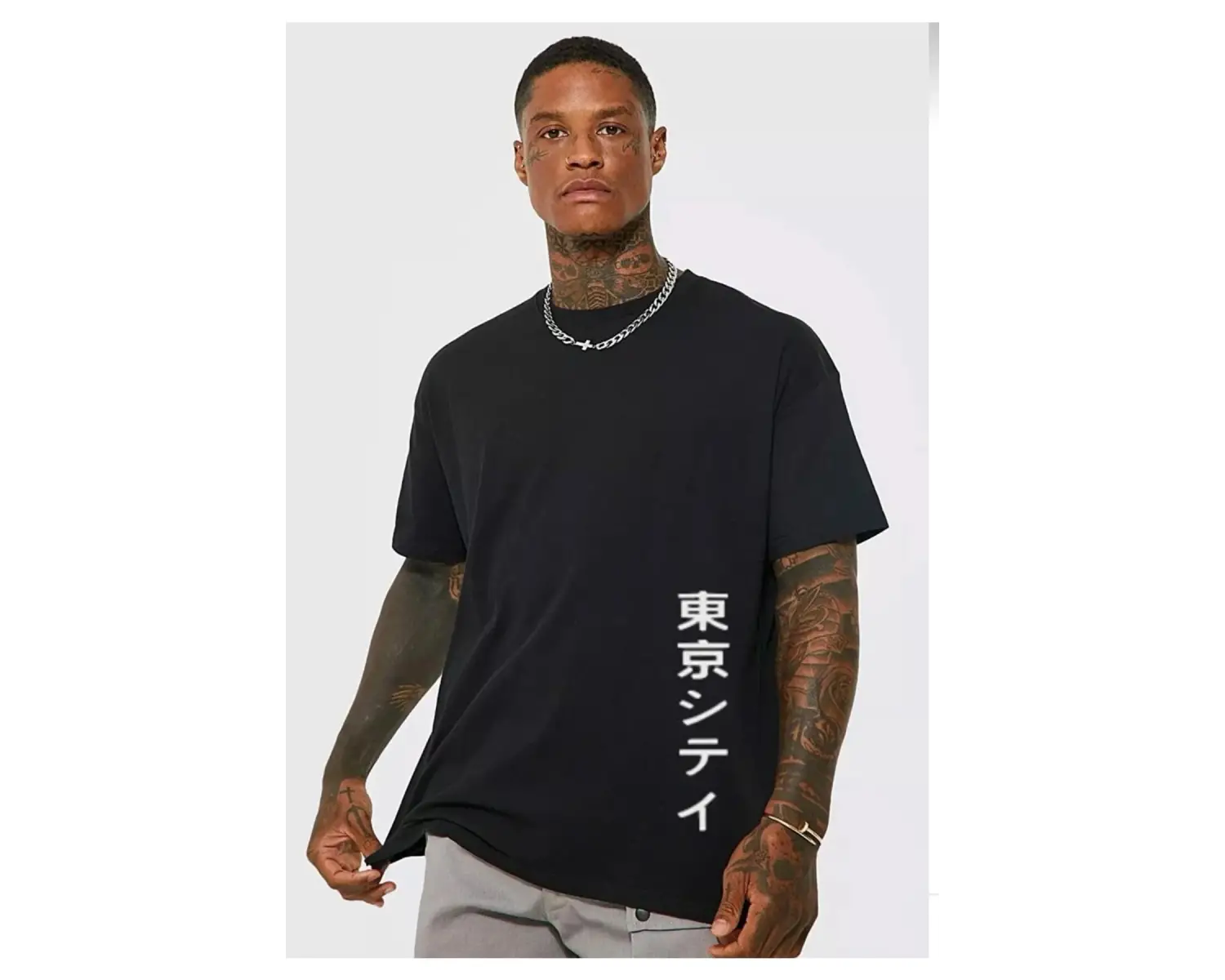 Siyah Japannes Baskı Pamuklu Oversize Tshirt