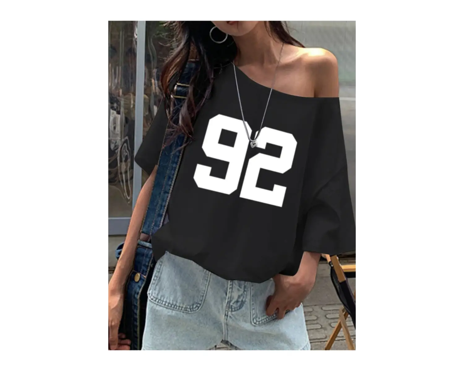 Siyah Kadın Düşük Omuz Kayık Yaka 92 Baskılı