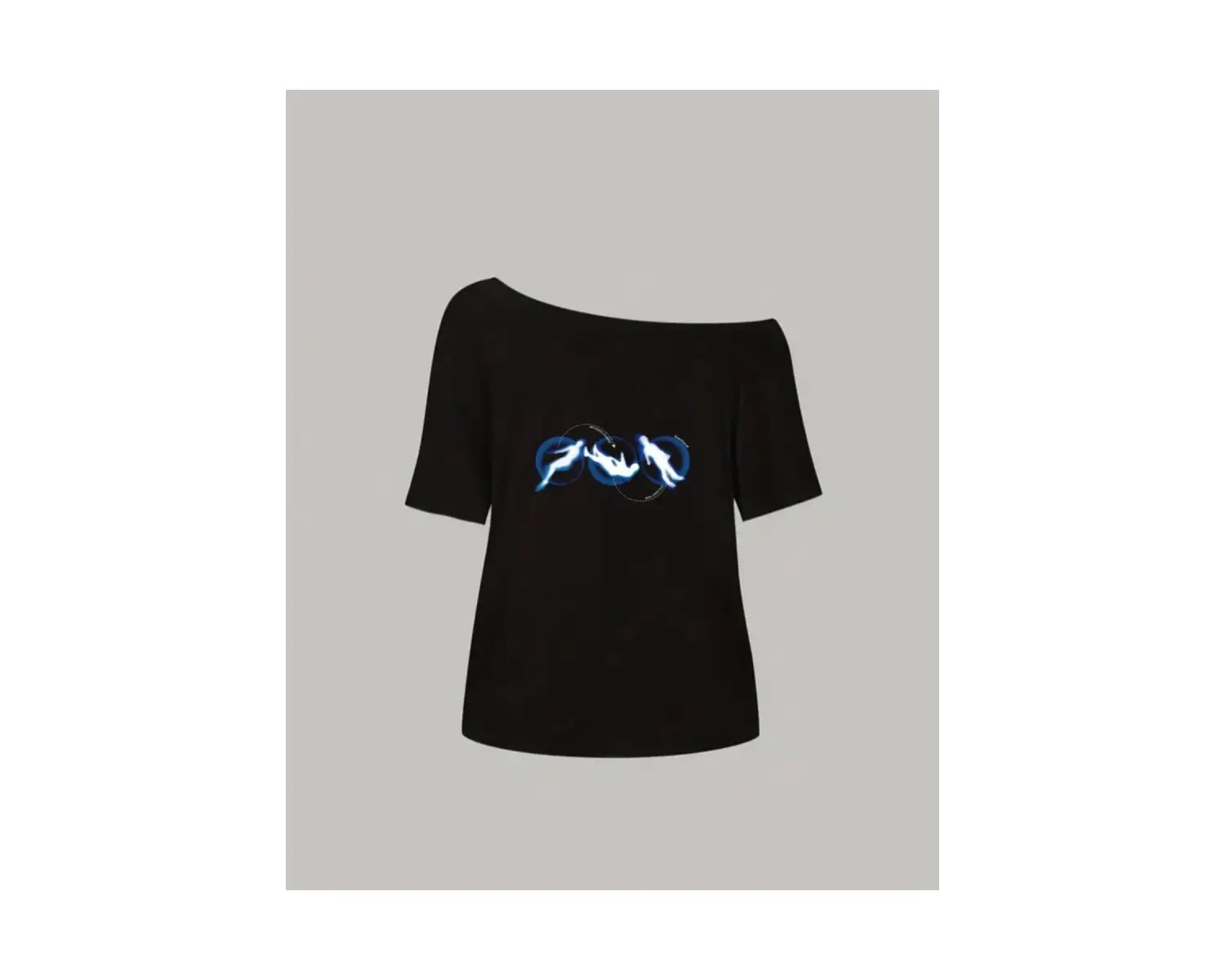 Siyah Kadın Düşük Omuz Kayık Yaka Baskılı