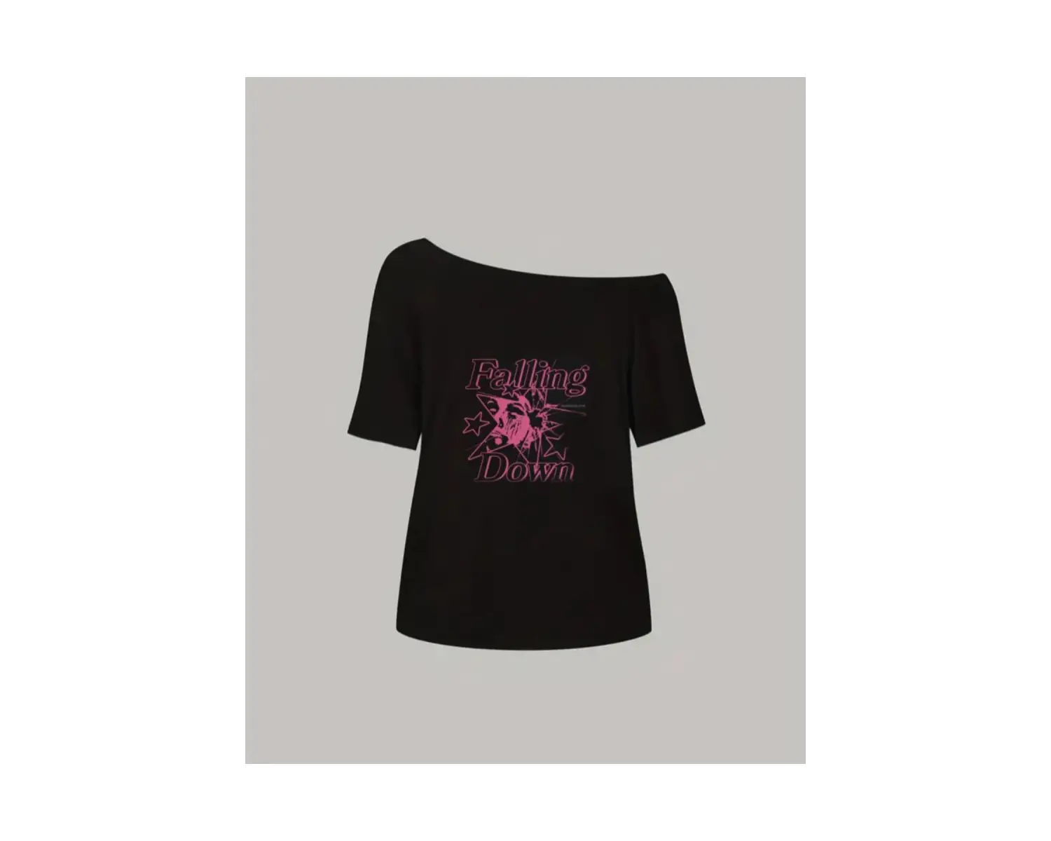 Siyah Kadın Düşük Omuz Kayık Yaka Falling Down Baskılı