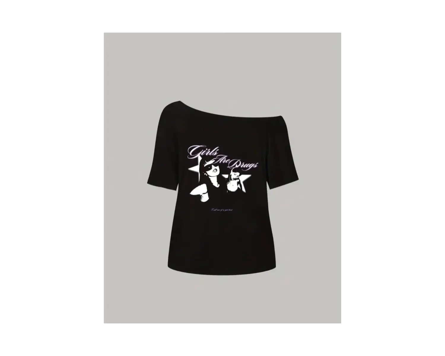 Siyah Kadın Düşük Omuz Kayık Yaka Girls Are Drugs Baskılı