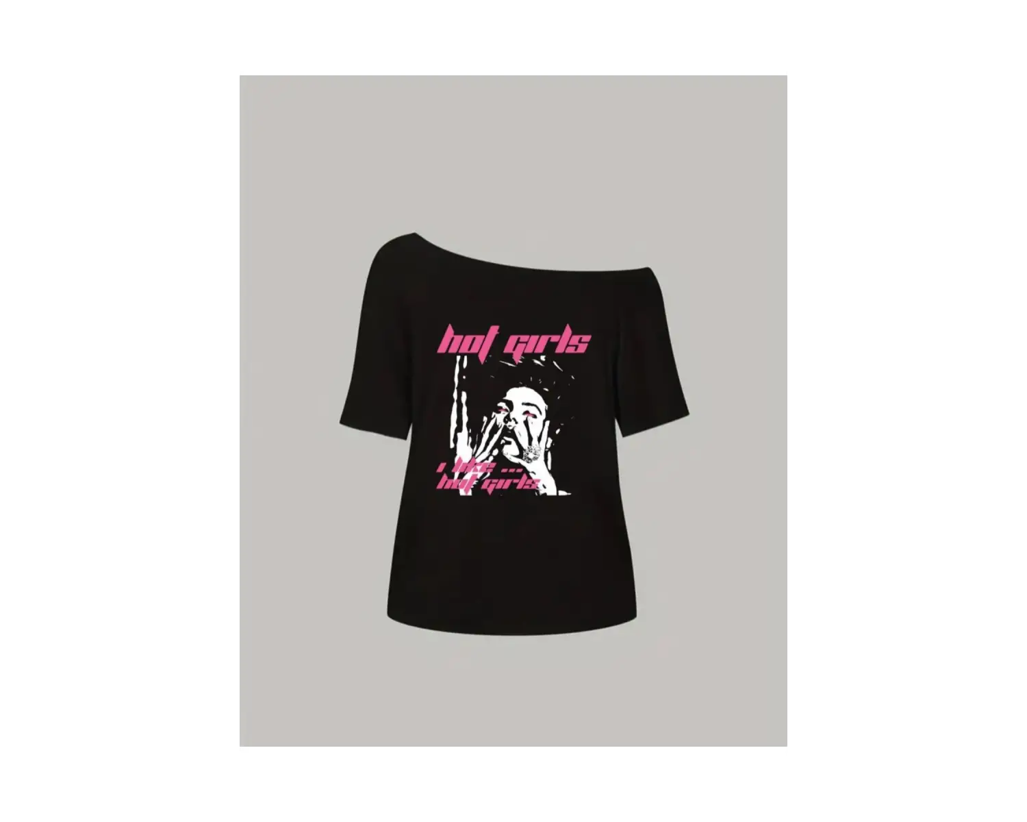 Siyah Kadın Düşük Omuz Kayık Yaka Hot Girls Baskılı