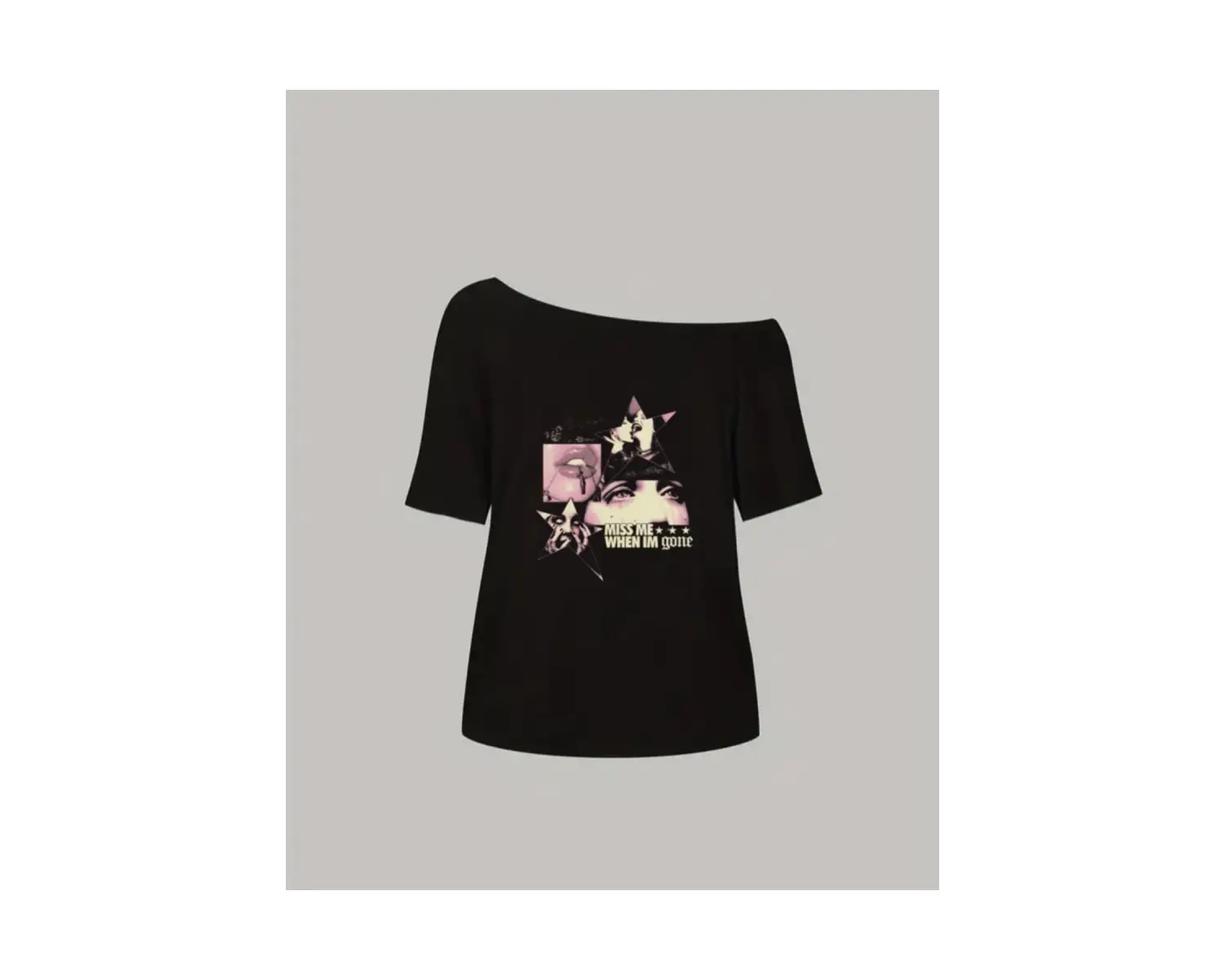 Siyah Kadın Düşük Omuz Kayık Yaka Miss Me When Baskılı