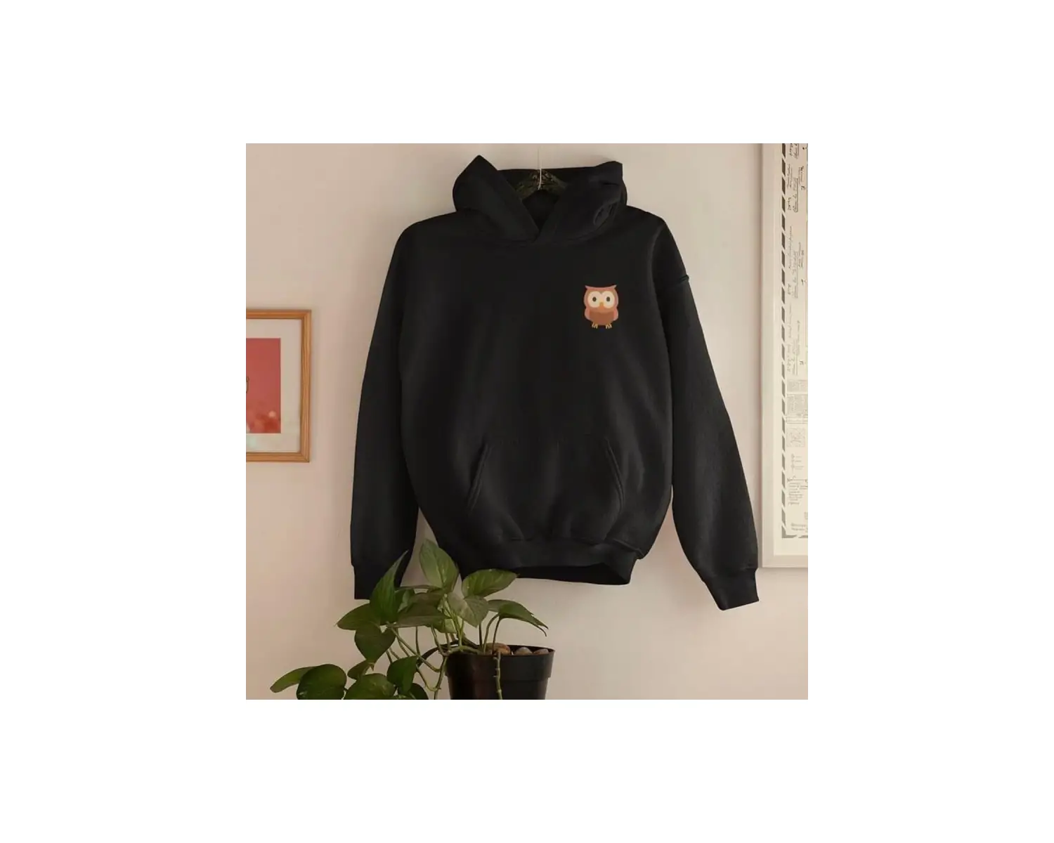 Siyah Kapşonlu Baykuş Baskılı Pamuklu Oversıze Sweatshirt