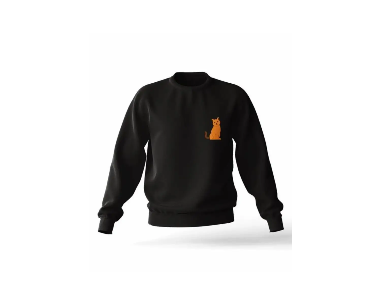 Siyah Kapşonsuz 0 Yaka Kedi Baskılı Pamuklu Unisex Sweatshirt