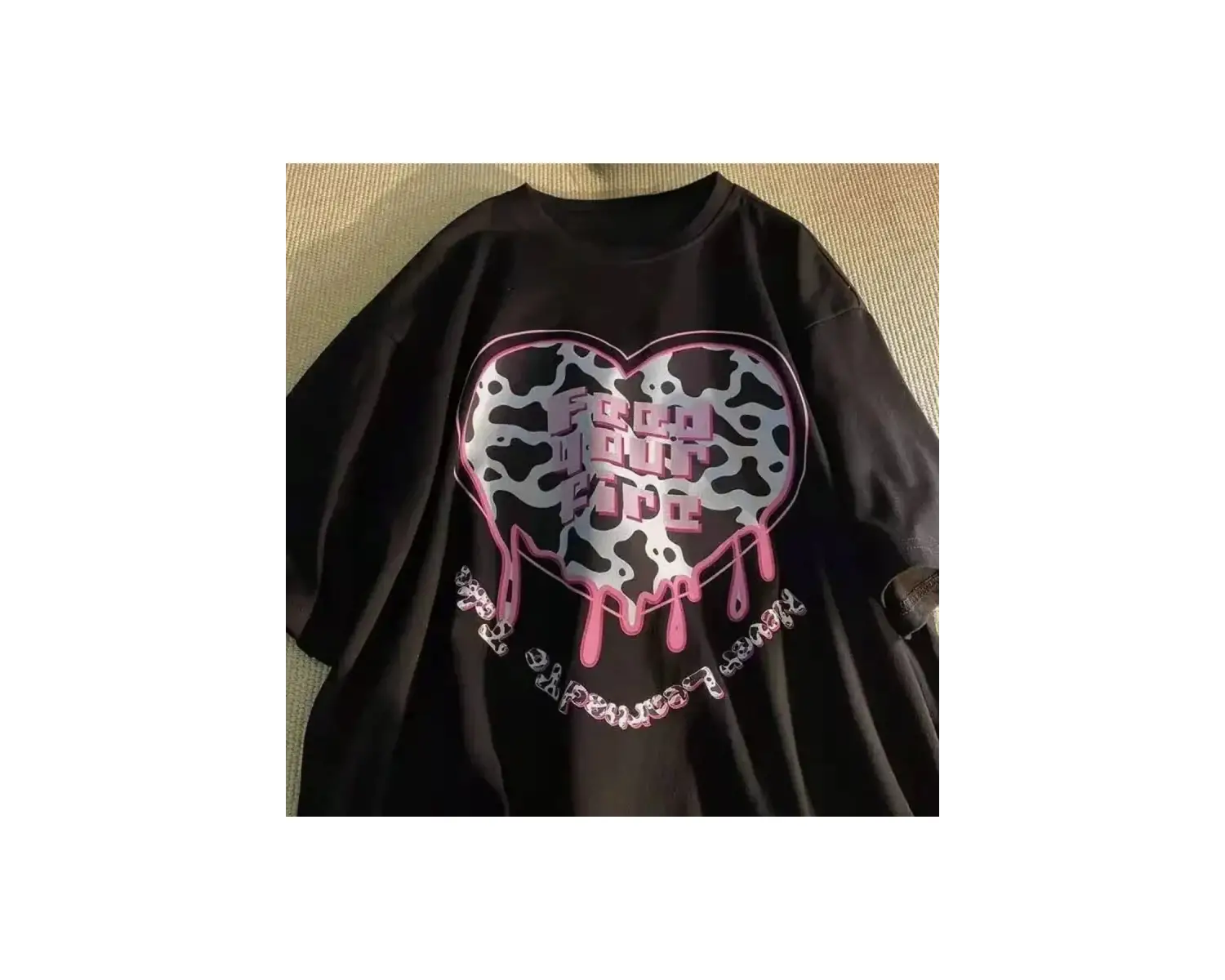 Siyah Karikatür Baskı Yaz Sevimli Kalp şeklinde Desen Harajuku