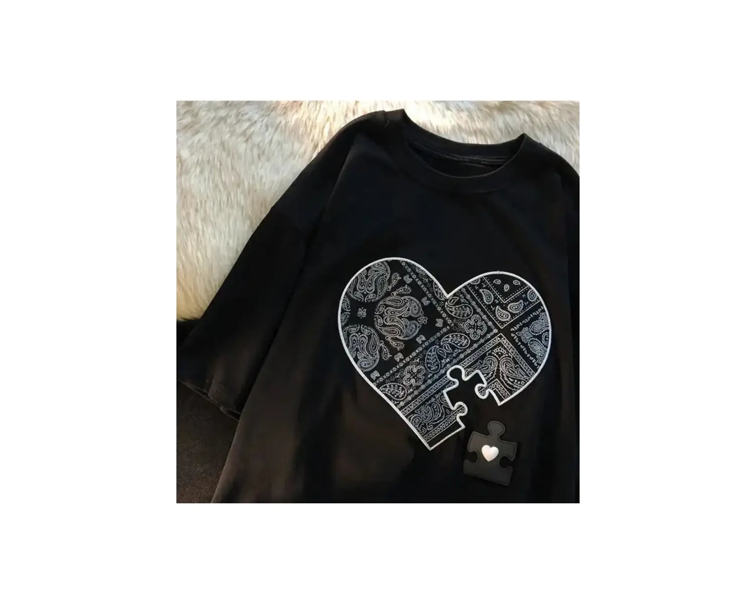 Siyah Karikatür Baskı Yaz Sevimli Kalp şeklinde Desen Harajuku