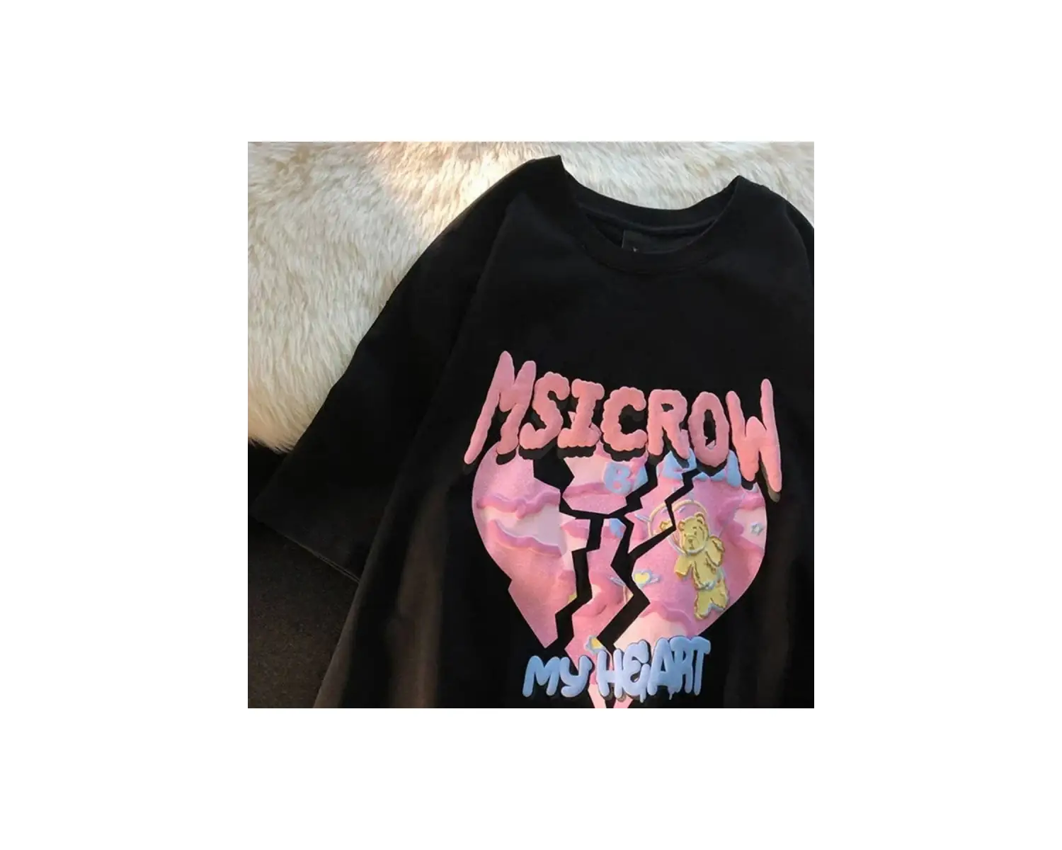 Siyah Karikatür Baskı Yaz Sevimli Kalp şeklinde Desen Harajuku