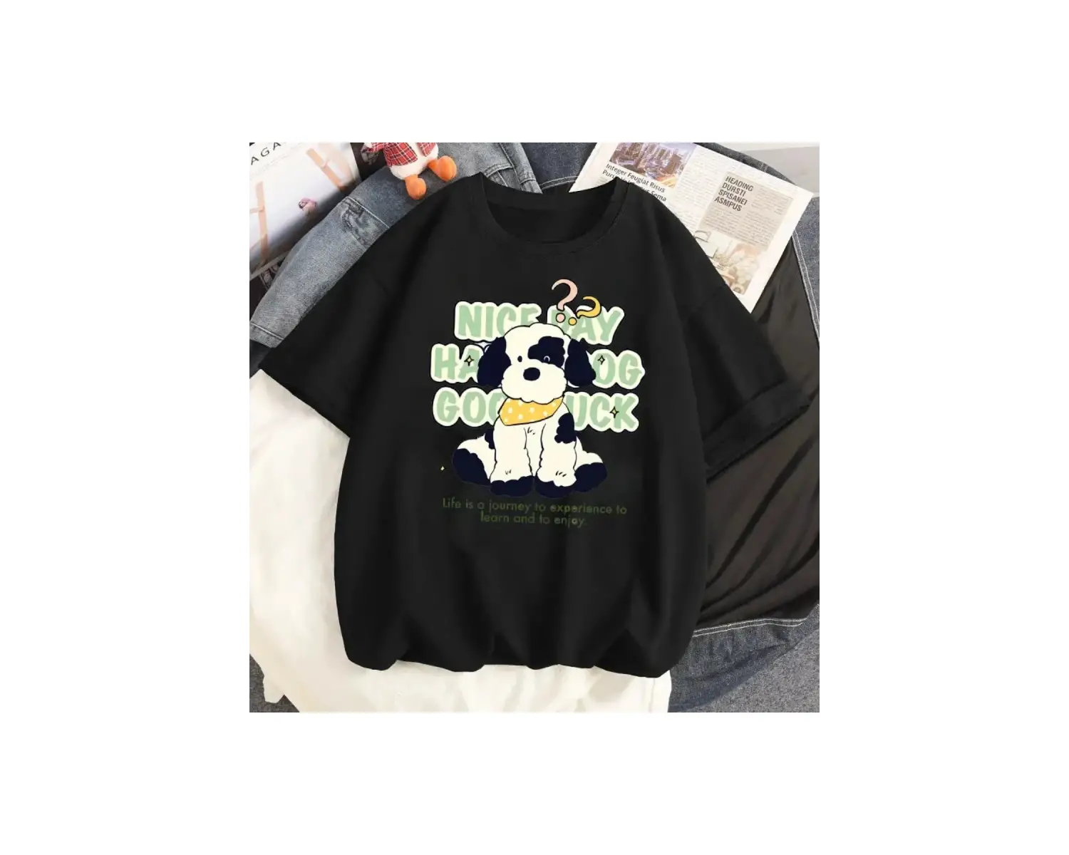 Siyah Karikatür i Sevimli Kedi Grafik Tee Köpek Baskı