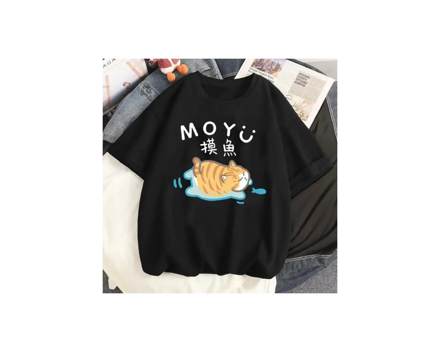 Siyah Karikatür i Sevimli Kedi Grafik Tee Köpek Baskı