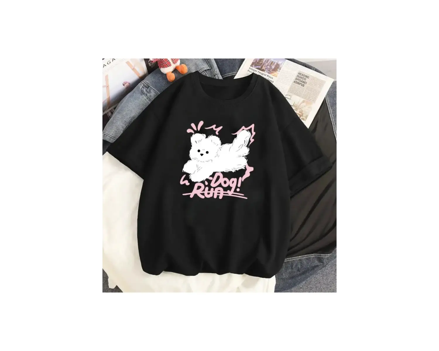 Siyah Karikatür i Sevimli Kedi Grafik Tee Köpek Baskı