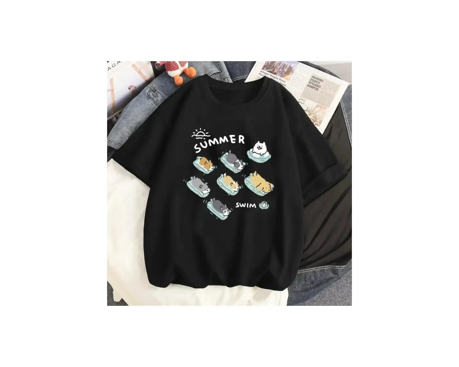 Siyah Karikatür i Sevimli Kedi Grafik Tee Köpek Baskı