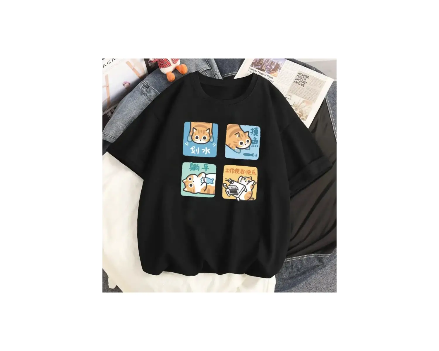 Siyah Karikatür i Sevimli Kedi Grafik Tee Köpek Baskı