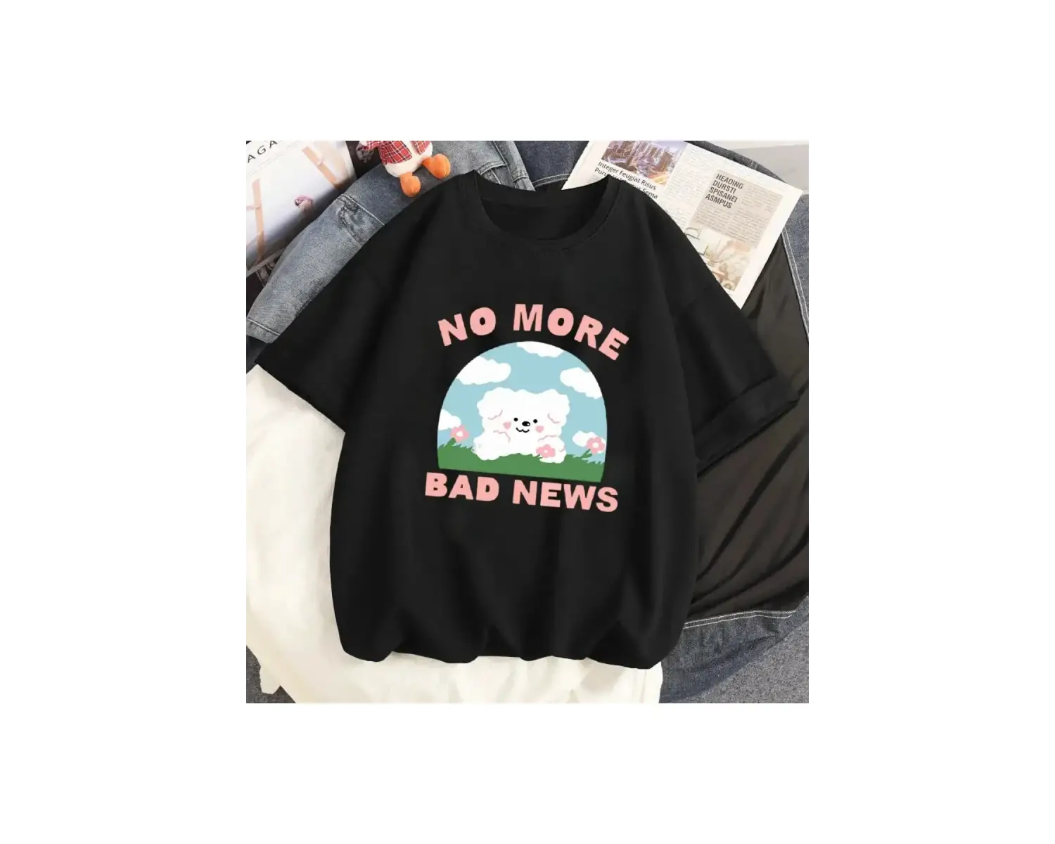 Siyah Karikatür i Sevimli Kedi Grafik Tee Köpek Baskı