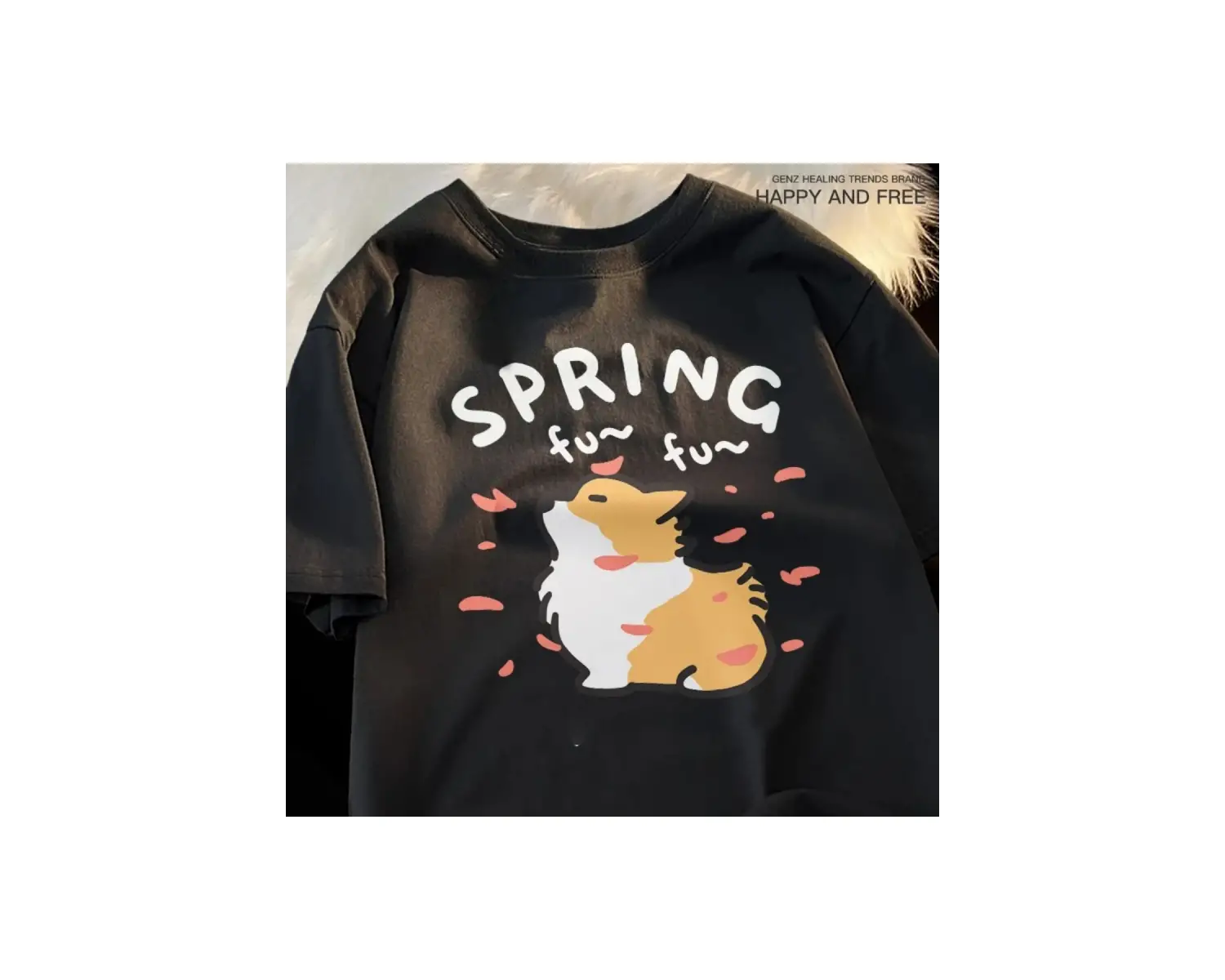 Siyah Karikatür Sevimli Kedi ve Köpek Desen Eğlenceli Tshirt bol Tees Sokak Serin Kısa