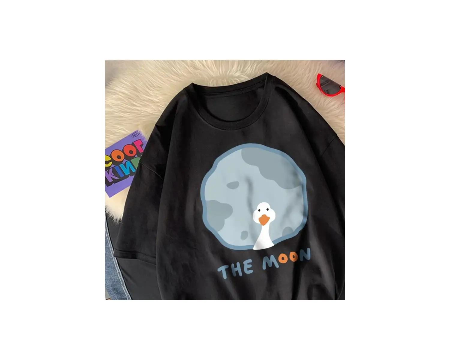 Siyah Kazın arkası ay karikatür baskılar gevşek o-boyun yumuşak üs