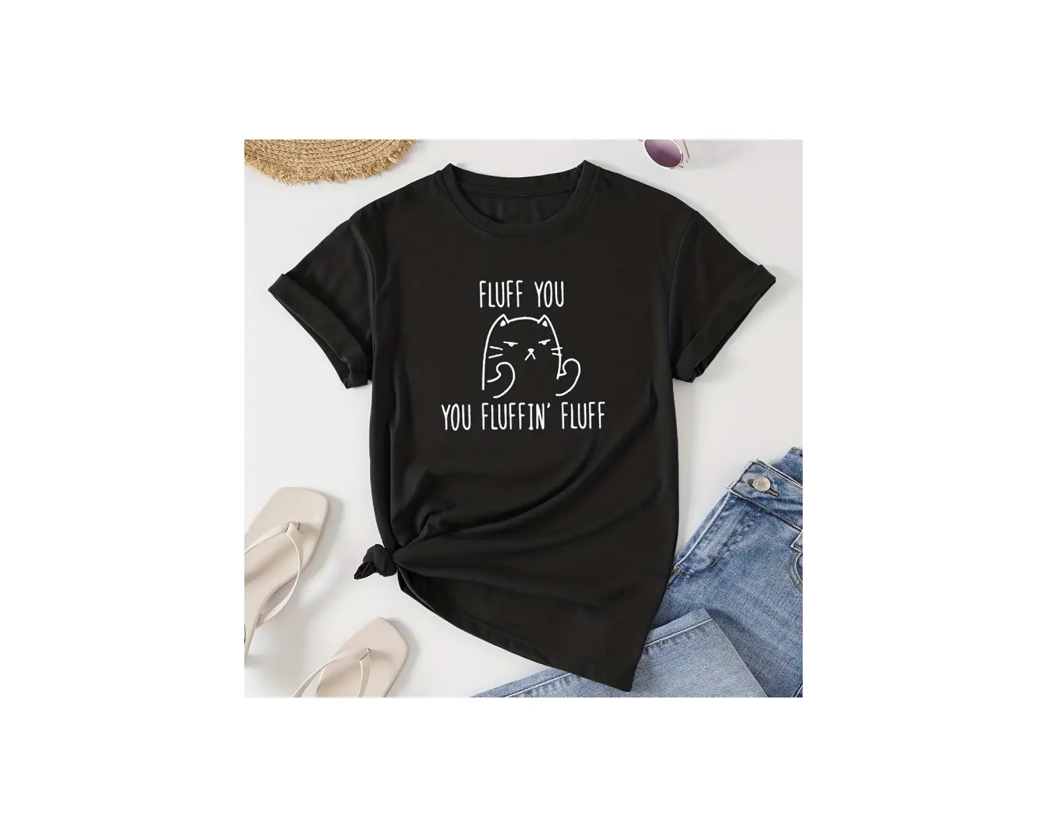 Siyah Kedi Desenli Bisiklet Yaka , İlkbahar ve Yaz İçin Günlük ,