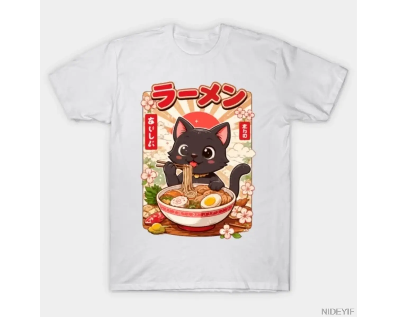 Siyah Kedi Ramen T-shirt Erkek Kadın % 100% Pamuklu Tişörtler Kısa Kollu Üstler 1219-2