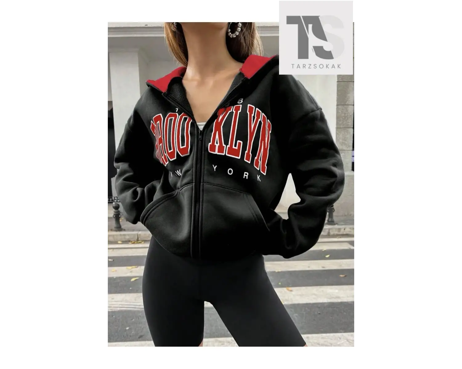 Siyah Kırmızı Kapüşonlu Fermuarli Brooklyn Oversize