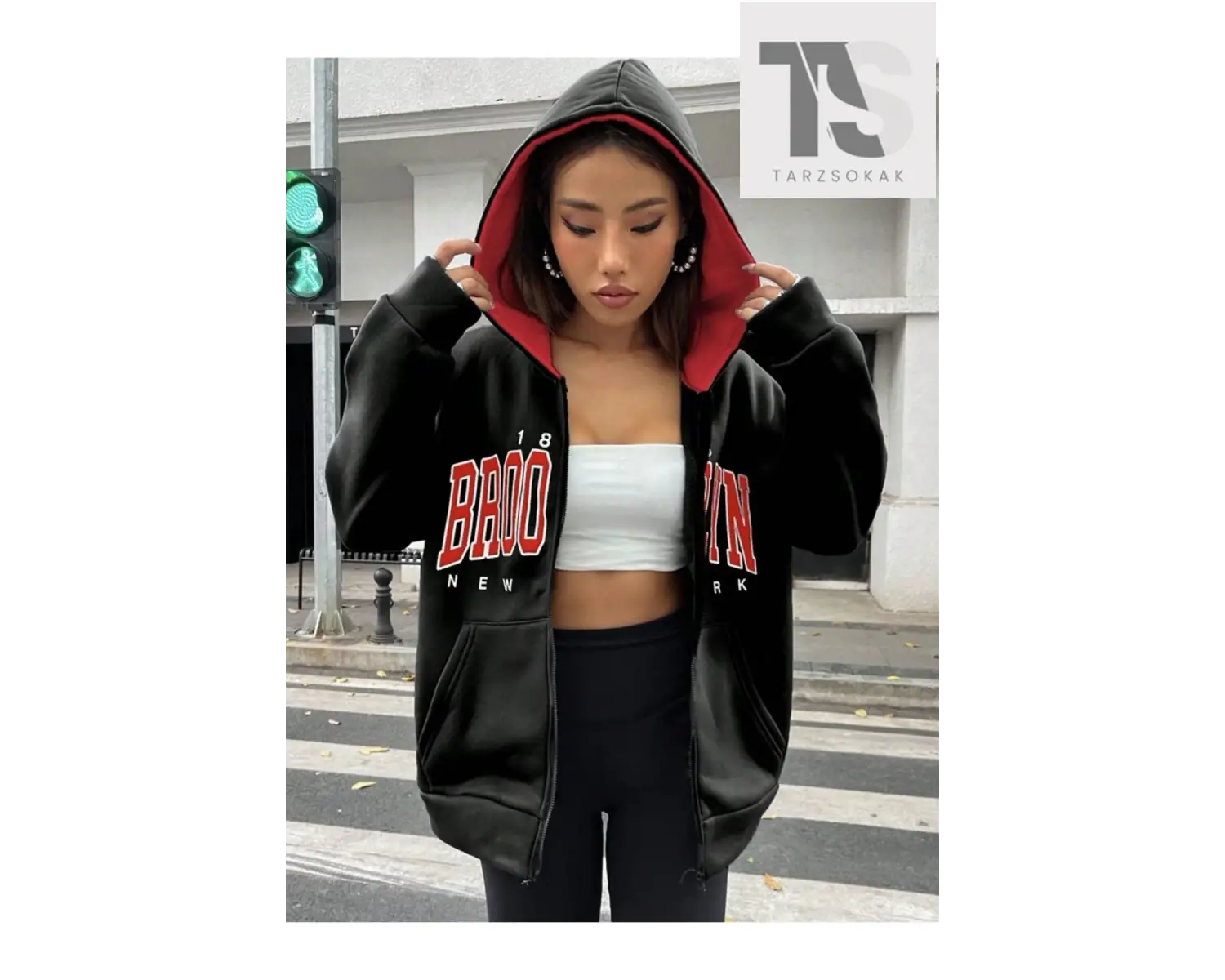 Siyah Kırmızı Kapüşonlu Fermuarli Brooklyn Oversize