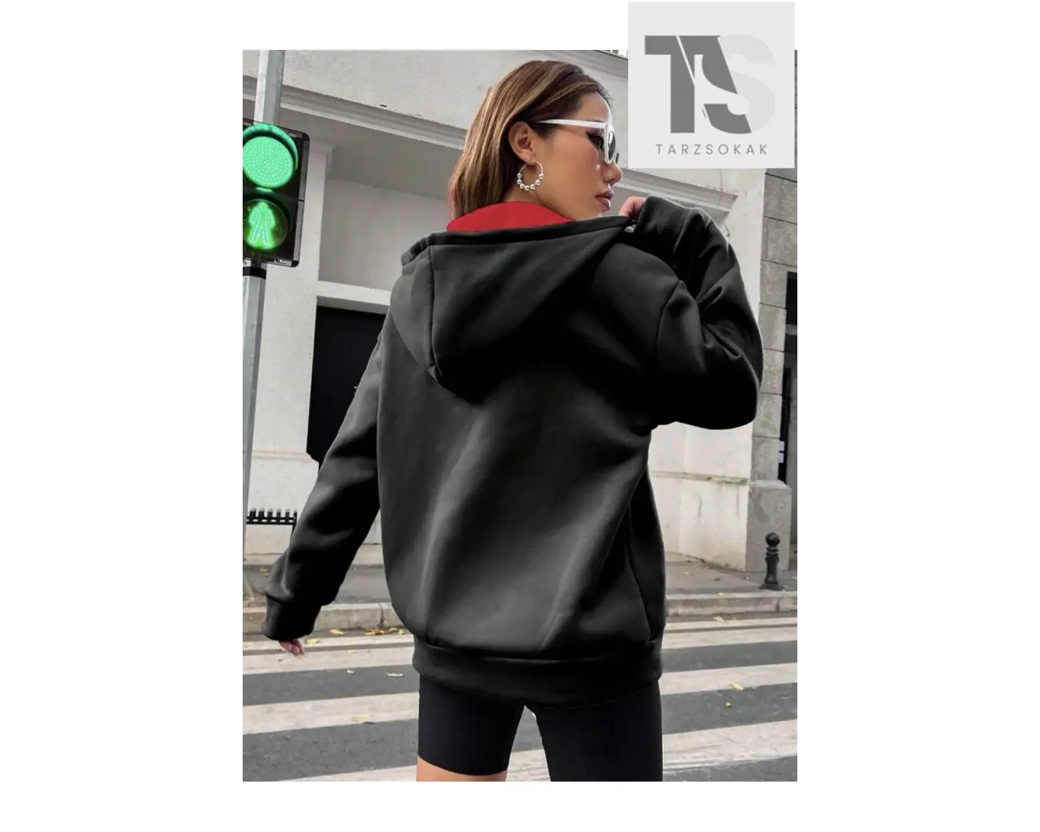 Siyah Kırmızı Kapüşonlu Fermuarli Brooklyn Oversize