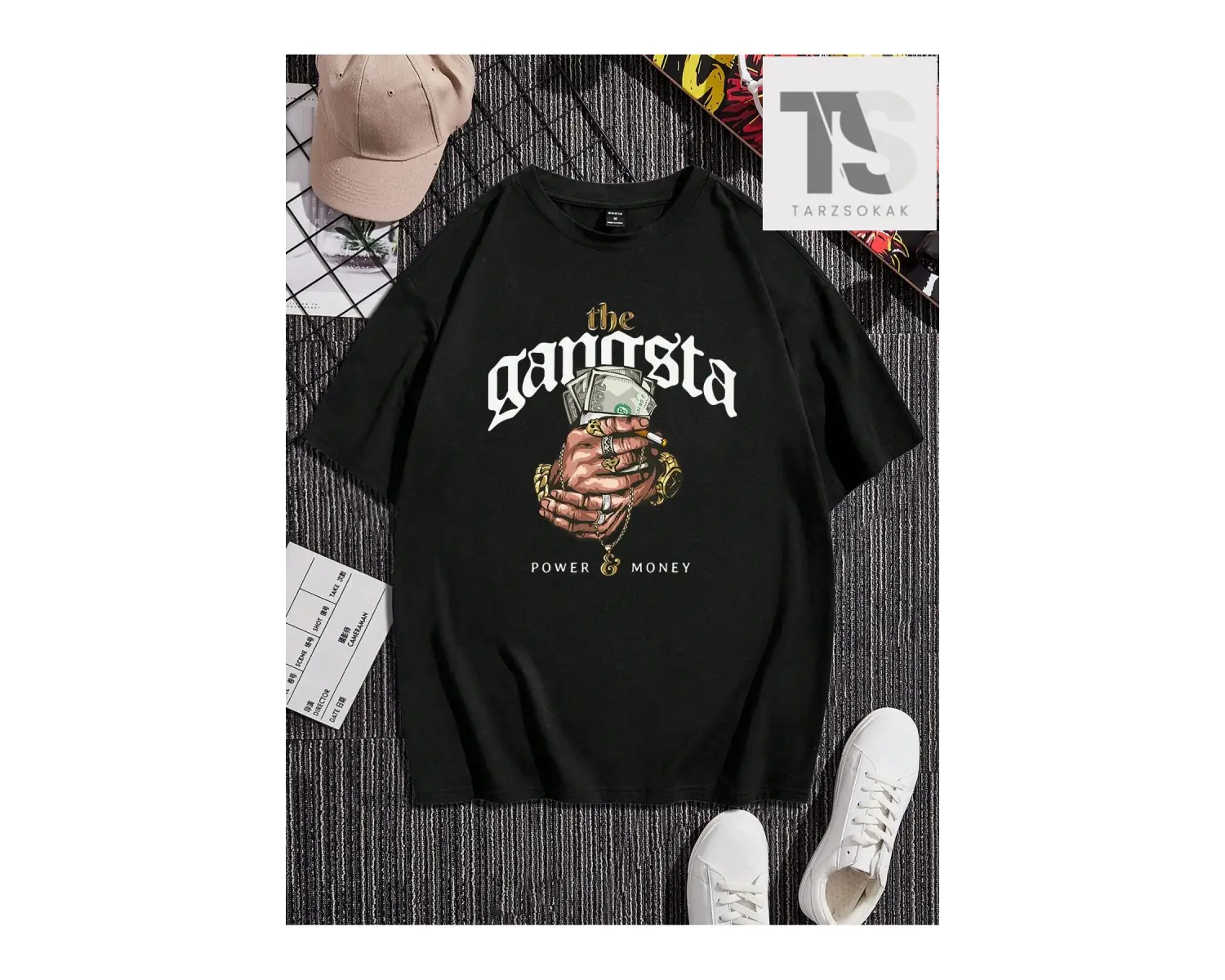 Siyah Örme Erkek Komik Baskılı Yuvarlak Yaka Kısa Kollu Tişört