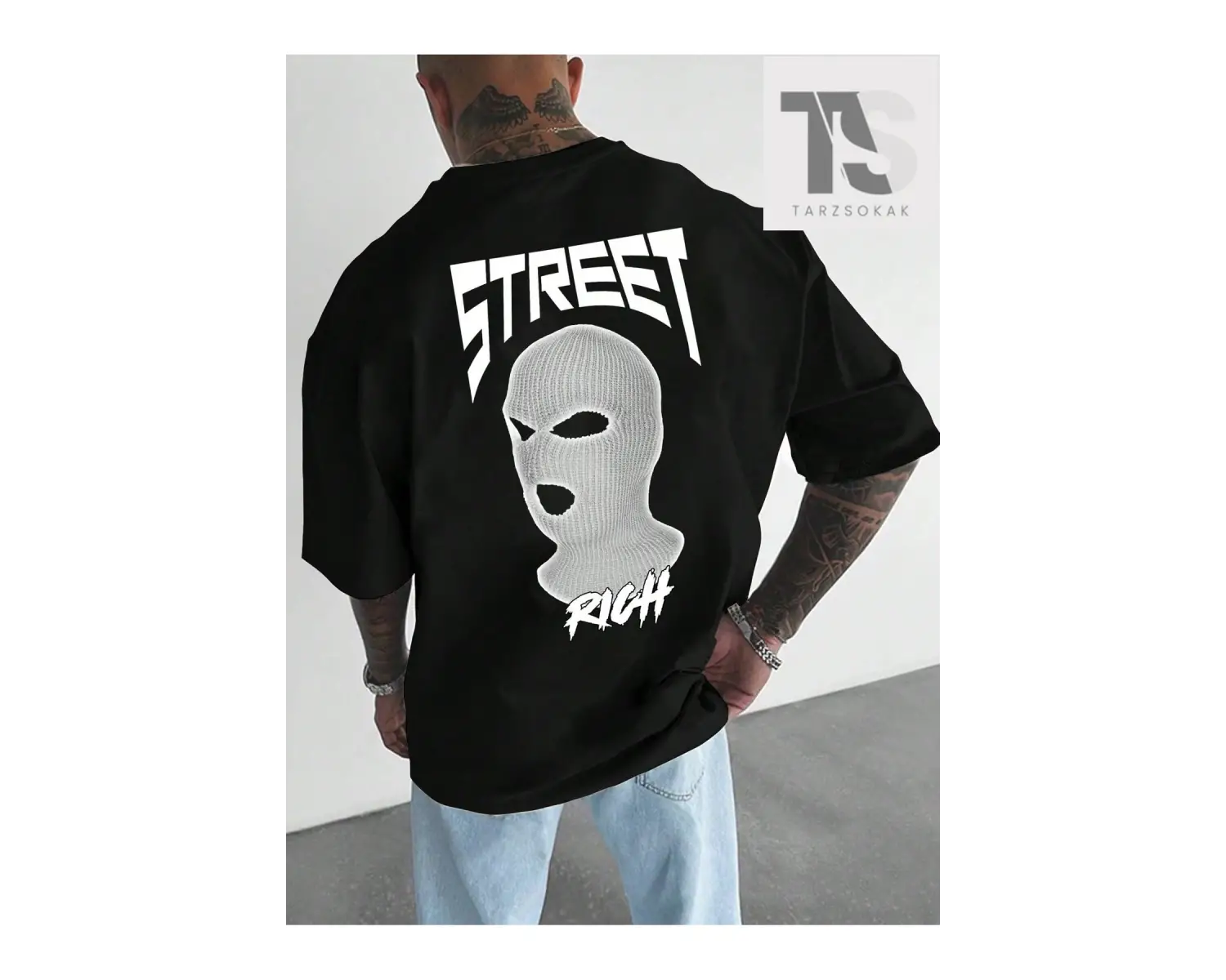 Siyah Örme Erkek Yuvarlak Yaka Düşük Omuz Tişört