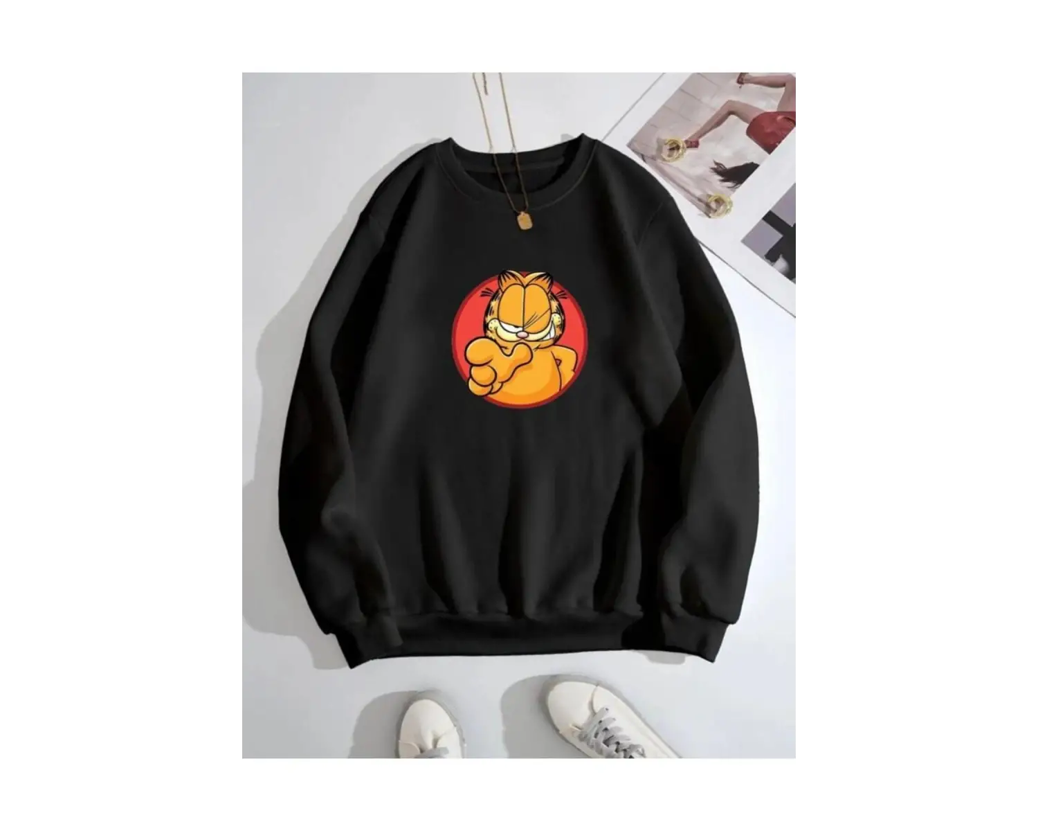 Siyah Oversize 0 Yaka Kapşonsuz Garfield Baskılı Unisex Pamuklu Sweatshirt