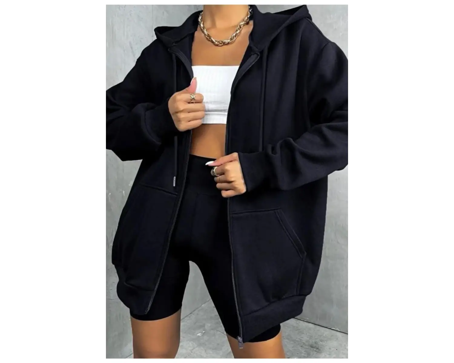 Siyah Oversize 3 Iplik Kalın Içi Polarlı Fermuarlı 1.kalite Bol Kesim Düz Baskısız Sweatshirt