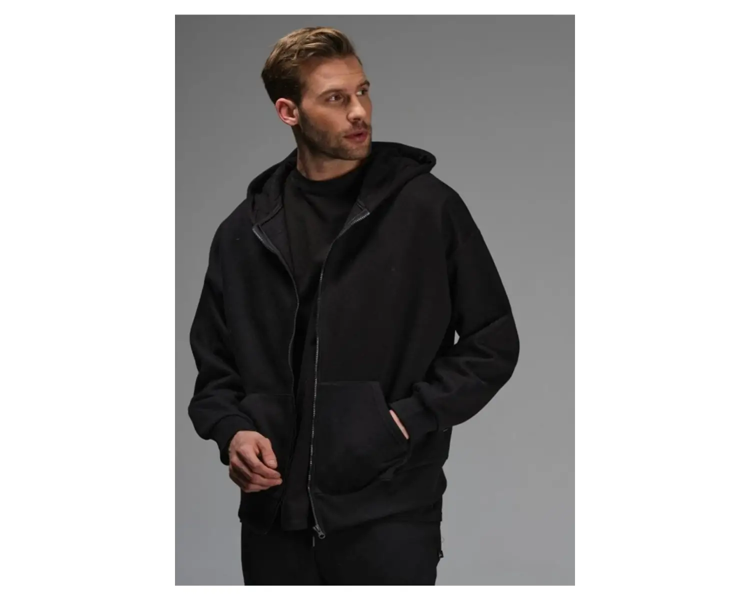 Siyah Oversize 3 Iplik Kalın Içi Polarlı Fermuarlı 1.kalite Bol Kesim Düz Baskısız Sweatshirt