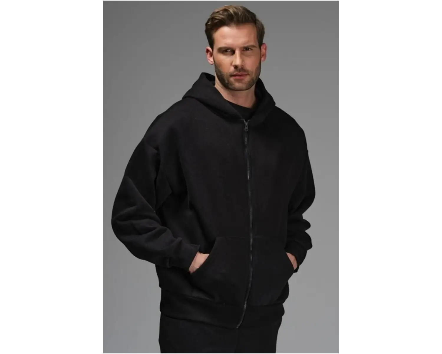 Siyah Oversize 3 Iplik Kalın Içi Polarlı Fermuarlı 1.kalite Bol Kesim Düz Baskısız Sweatshirt