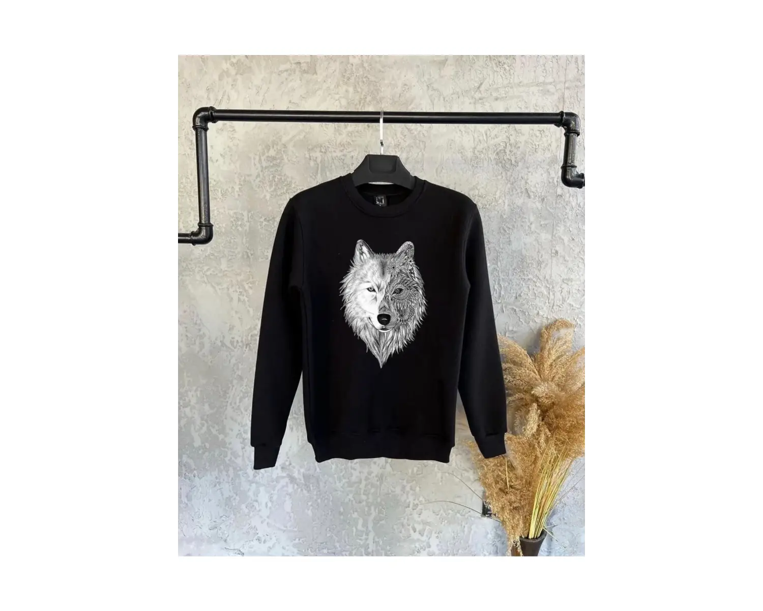 Siyah Oversize Alfa Kurt Baskılı Kapşonsuz 0 Yaka Pamuklu Unisex Sweatshirt