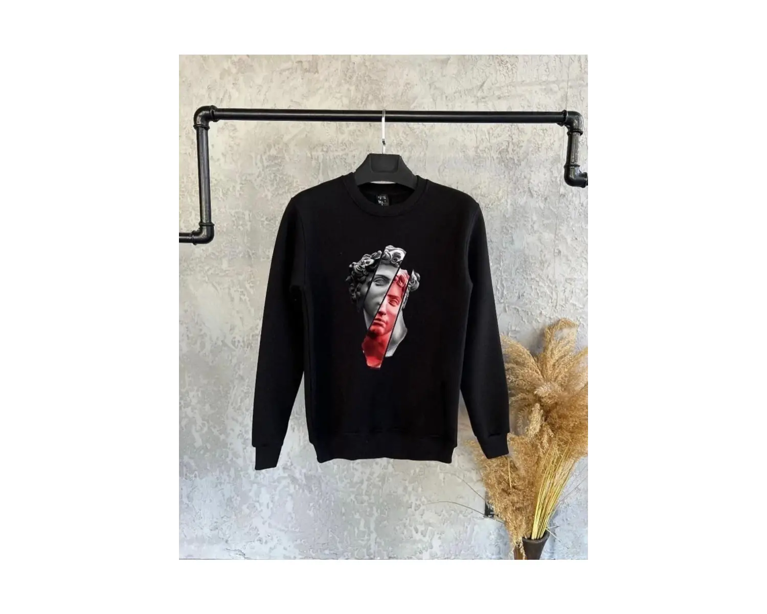 Siyah Oversize Baskılı Kapşonsuz 0 Yaka Pamuklu Unisex Sweatshirt