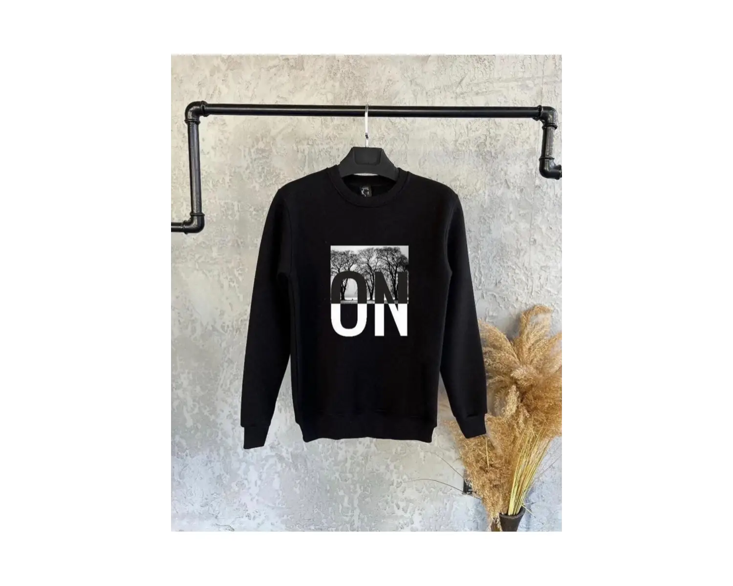 Siyah Oversize Baskılı Kapşonsuz 0 Yaka Pamuklu Unisex Sweatshirt