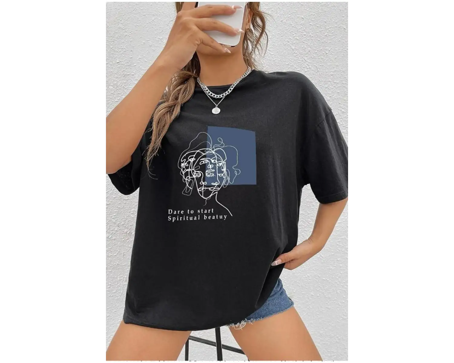 Siyah Oversize Brooklyn 1898 Baskılı Bisiklet Yaka Kapşonsuz Pamuklu Sweatshirt