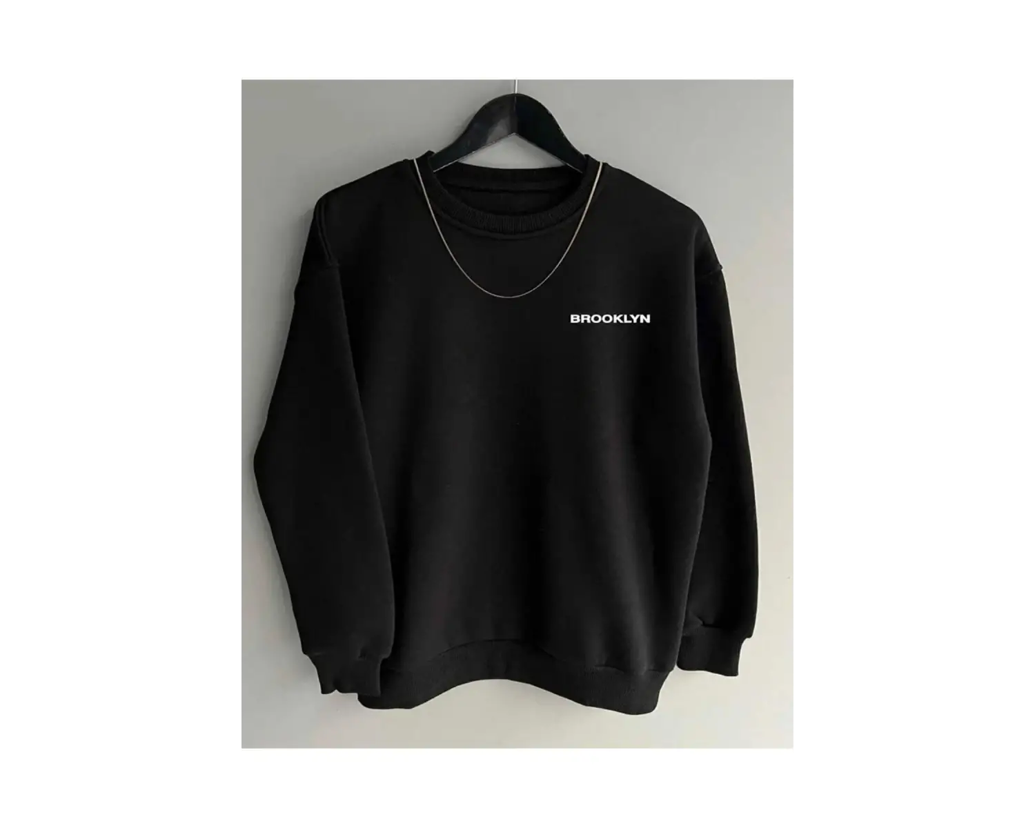 Siyah Oversize Brooklyn Baskılı Pamuklu Kapşonsuz 0 Yaka Unisex Sweatshirt