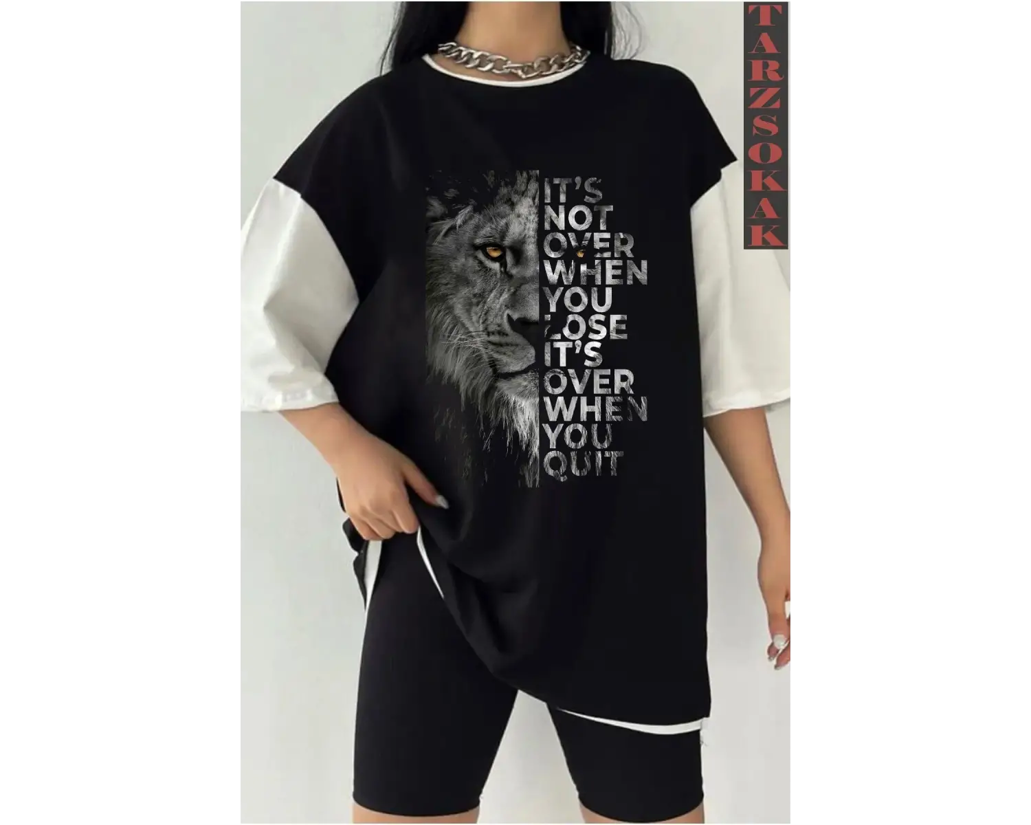 Siyah Oversize Çift Renk ASLAN 2 Baskılı Unisex Tshirt
