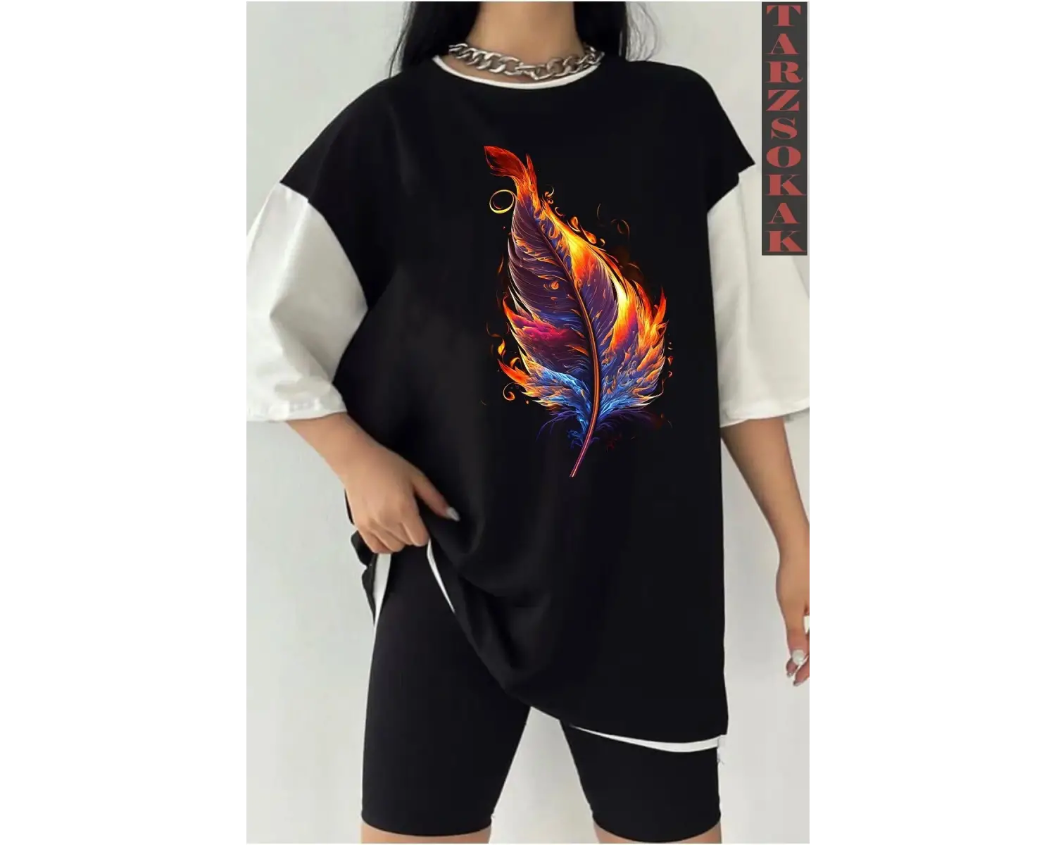 Siyah Oversize Çift Renk ASLAN 4 Baskılı Unisex Tshirt