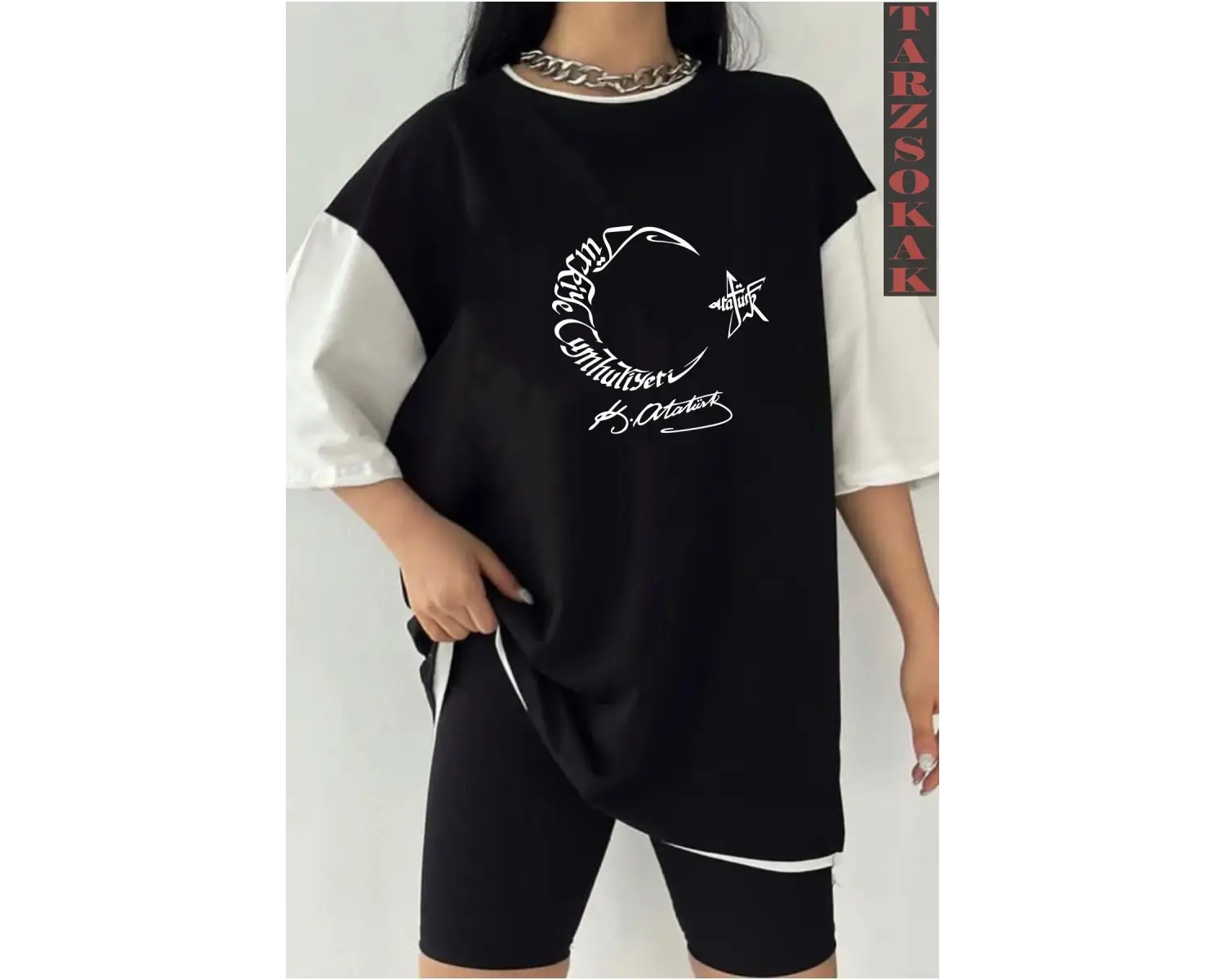 Siyah Oversize Çift Renk AY Baskılı Unisex Tshirt