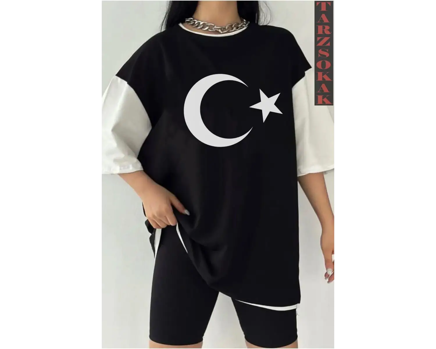 Siyah Oversize Çift Renk AY YILDIZ Baskılı Unisex Tshirt