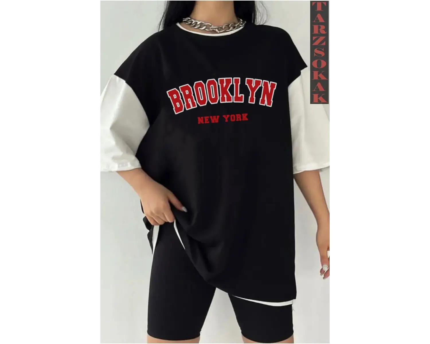 Siyah Oversize Çift Renk BROOKLYN  Baskılı Unisex Tshirt