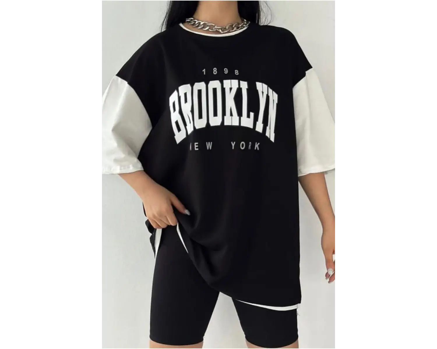 Siyah Oversize Çift Renk Brooklyn Baskılı Unisex Tshirtt