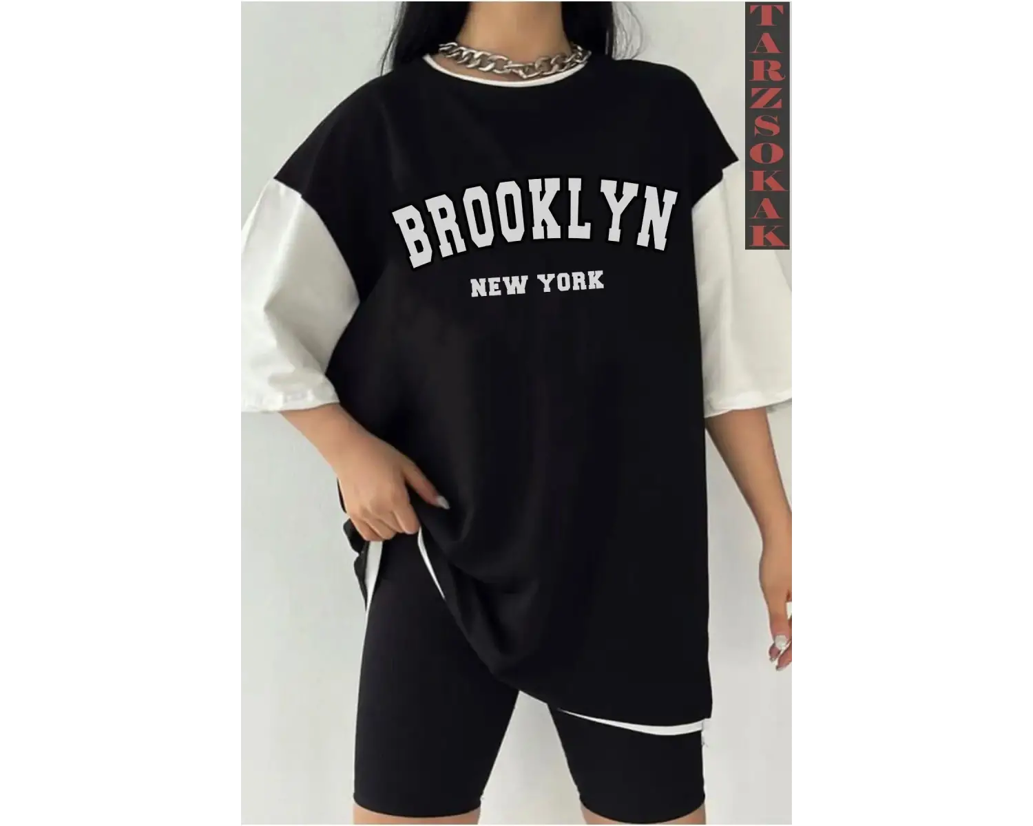 Siyah Oversize Çift Renk BROOKLYN NYC Baskılı Unisex Tshirt