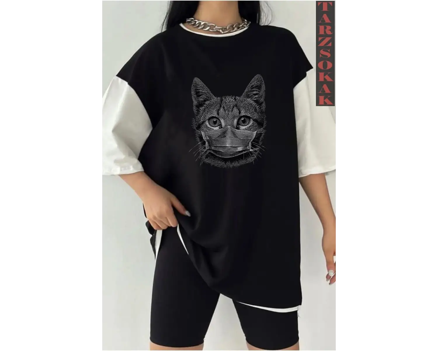 Siyah Oversize Çift Renk CAT  Baskılı Unisex Tshirt