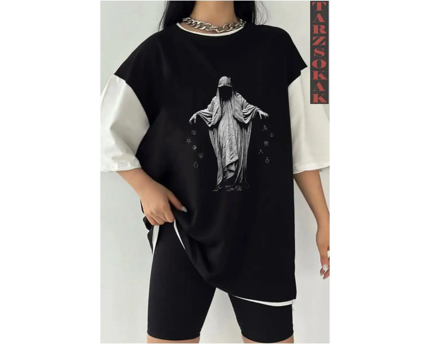 Siyah Oversize Çift Renk DREADLES  Baskılı Unisex Tshirt